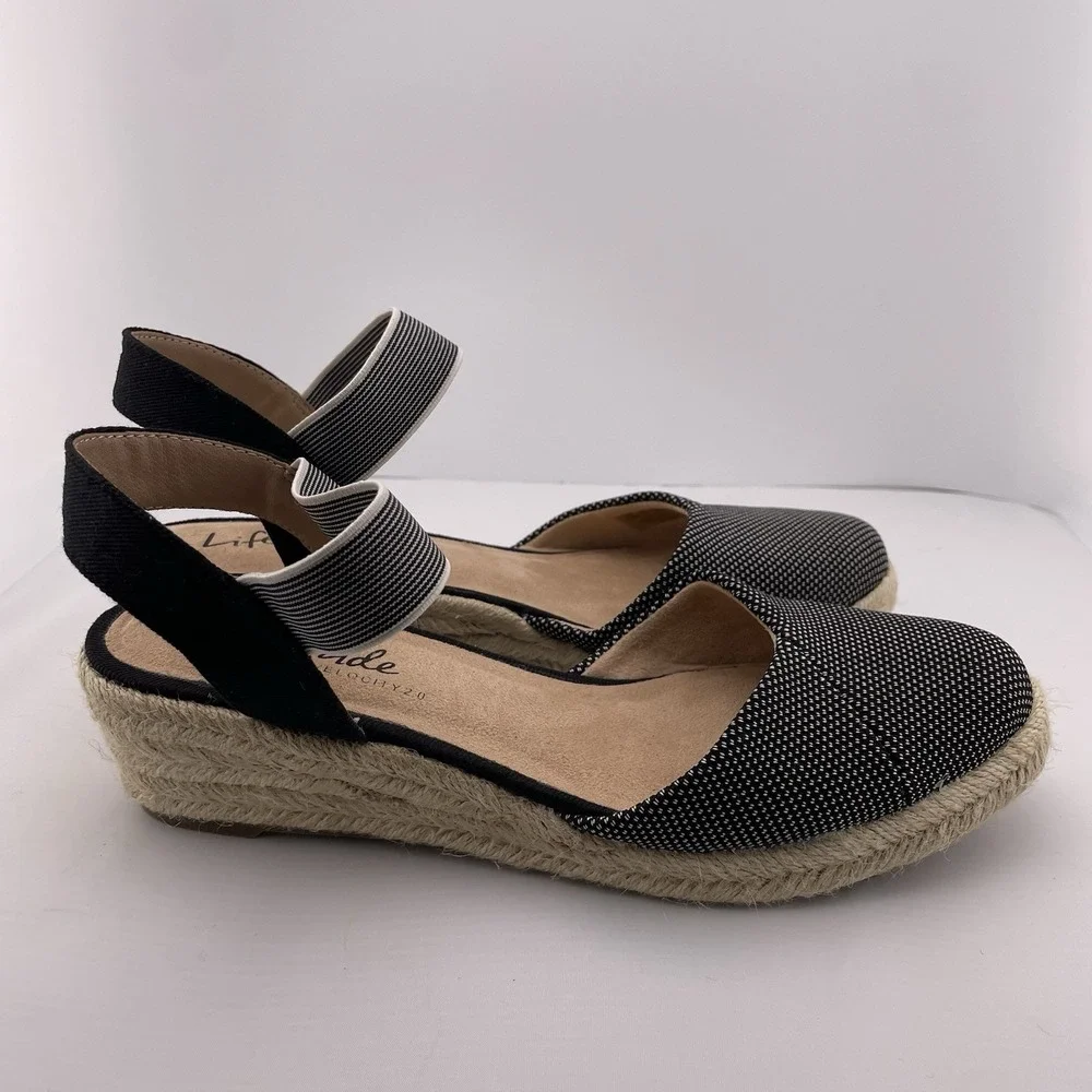 Lifestride Kimmie Espadrille Wedge Black Polkadot Shock‎ Absorption Women 9.5 M
